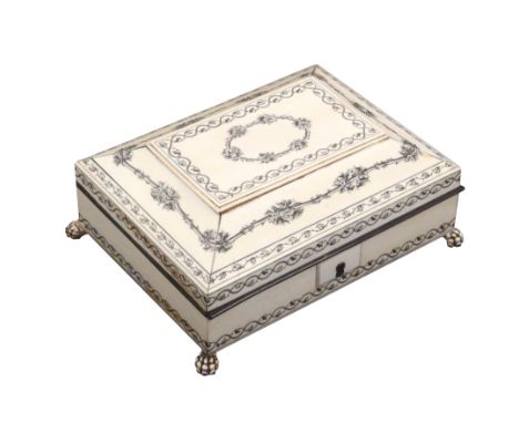 An early 19th Century Vizagapatam ivory veneered sandal wood sewing box of sarcophagal form, engraved with flowers, leaves, b