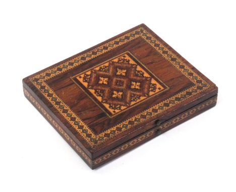 A Tunbridge ware rosewood folding portrait box, the hinged cover with a central panel of geometric mosaic within a similar bo