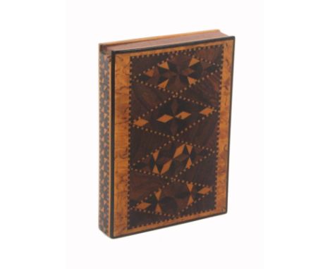 A Tunbridge ware visiting card case of book form, with hinged top, the covers in stick ware diamond panels within oyster type