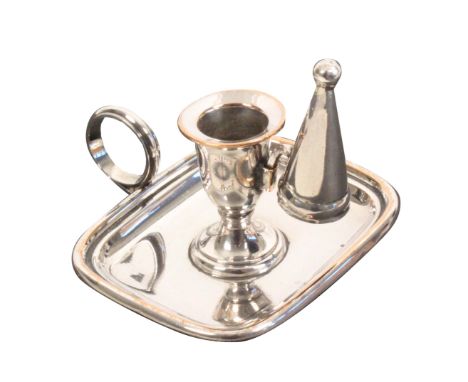 An early 19th Century miniature Sheffield plate chamber stick, on rectangular base complete with snuffer, 7cm wide. &nbsp; &n