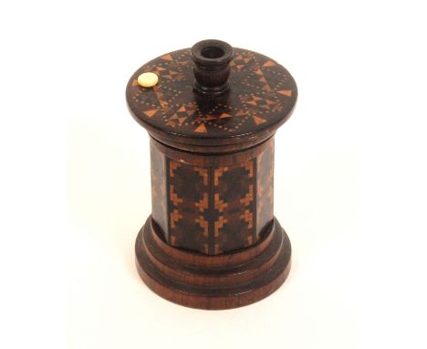 A Tunbridge ware rosewood go to bed, the octagonal body in geometric mosaic the top in stick ware and mosaic, bone match hold