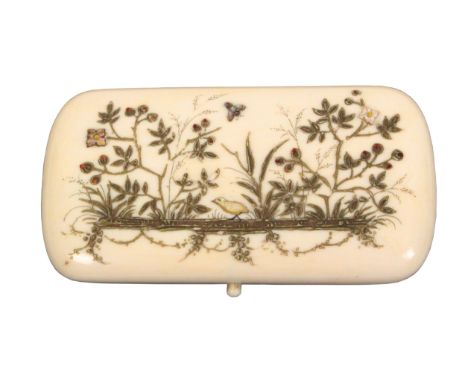 A late 19th Century French ivory etui, of rounded corner rectangular form the lid in gilt lacquer with a bird, insect and flo