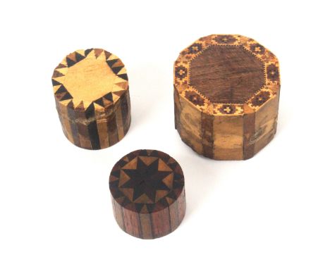 Three Tunbridge ware blocks, two in stick ware and of circular form, 3 and 3.2cms, and an octagonal example with mosaic borde
