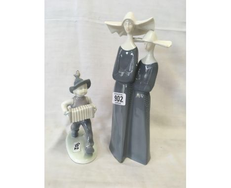 2 CHINA FIGURES, 1 OF A BOY PLAYING A SQUEEZE BOX &amp; 2 NUN'S