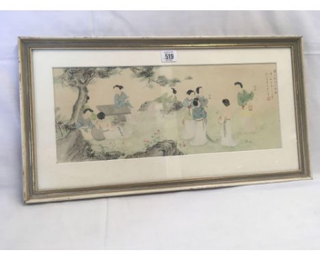 ORIENTAL JAPANESE PRINT OF LADIES GATHERED IN A GARDEN WITH JAPANESE INSCRIPTION TRANSLATES AS “THE TEN VIRGINS WITH A RED SE
