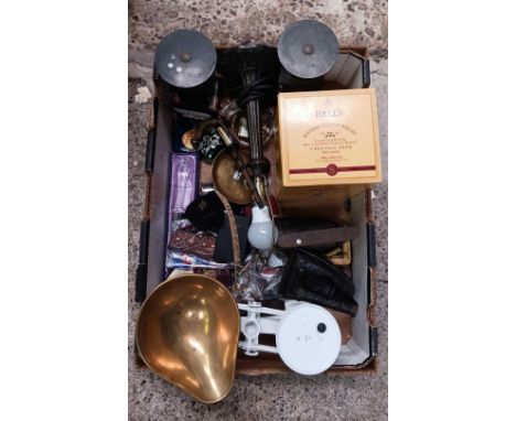CARTON WITH FLAT IRONS, KITCHEN SCALES, OLD PADLOCKS &amp; OTHER BRIC-A-BRAC