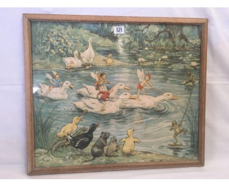 MARGARET W TARRANT, COLOURED NURSERY PRINT ENTITLED “WATER SPORTS”, WITH LABEL TO REVERSE, 19” X 22”