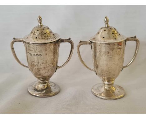 A PAIR OF SILVER TROPHY SHAPED PEPPER &amp; SALTS, B'HAM 1881, 70g