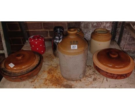 SHELF WITH GLAZED EARTHENWARE POTS, STONEWARE CONTAINERS &amp; A FLAGON MARKED SRD, CHROME THERMOS FLASK &amp; A RED CHINA TE