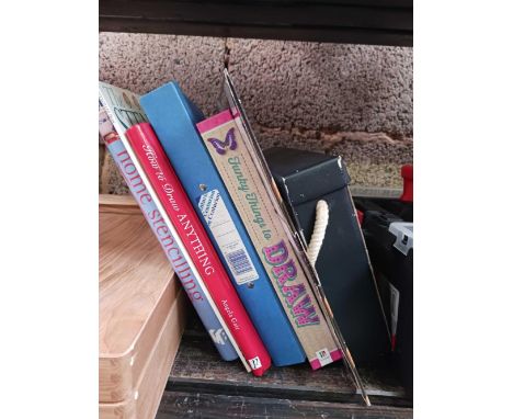 SHELF WITH A NEW ACRYLIC PAINTING SET IN A WOODEN EASEL BOX, PLASTIC CONTAINER WITH MISC TUBS OF PINT, CALLIGRAPHY SET &amp; 