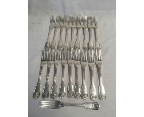 SET OF 19 SILVER FIDDLE &amp; SHELL PATTERN DESSERT FORKS, LONDON VARIOUS, 1850'S MARKS, 1140g