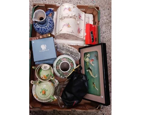 CARTON WITH GRINDLEY TEA POT, CUPS, SAUCERS, A CHEESE DISH, WEDGWOOD PIN DISHES, BLUE JUG, TRAVEL IRON &amp; OTHER BRIC-A-BRA