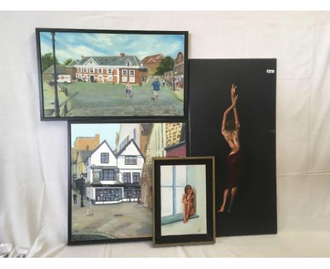 3 FRAMED OIL PAINTINGS, 2 OF EXETER &amp; 1 FRAMED OF A NAKED YOUNG LADY SAT IN A WINDOW &amp; 1 LADY OIL ON CANVAS