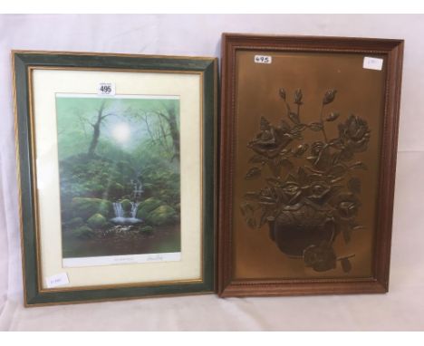 F/G PRINT OF THE QUIET PLACE &amp; A FRAMED BRASS EFFECT RUBBING OF FLOWERS