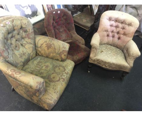 ANTIQUE RED PATTERN BUTTON BACK TUB CHAIR, AN ANTIQUE GREEN PATTERN BUTTON BACK FIRESIDE CHAIR &amp; ANTIQUE BUTTON BACK TUB 