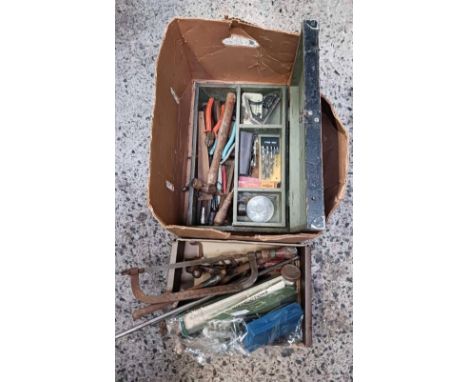 CARTON &amp; A WOODEN TOOL BOX WITH ENGINEERS HAND TOOLS