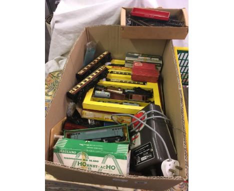 CARTON WITH QTY OF HORNBY DUBLO TRACK ROLLING STOCK, DOC AUTHORITY ENGINE, TRI-ANG PART RAILWAY SET, POWER PACK,TRACK, MECCAN