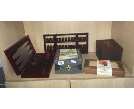 TRAVEL BACK GAMMON GAME, ABACUS &amp; BOXED ORIENTAL TEA WARE