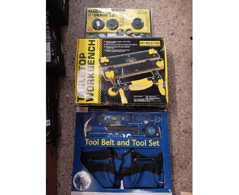 TOOL BELT &amp; TOOL SET, TABLE TOP WORK BENCH &amp; A MAGNETIC STORAGE SET, ALL NEW IN BOXES