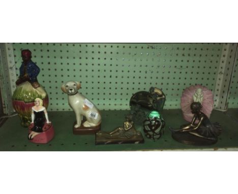 SHELF OF BALLERINA FIGURES, MARILYN MONROE HEART SHAPED DISH &amp; COVER ETC