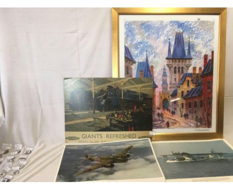 GILT F/G EUROPEAN CITY SCENE &amp; A TRAIN POSTER &amp; 2 AEROPLANE POSTERS