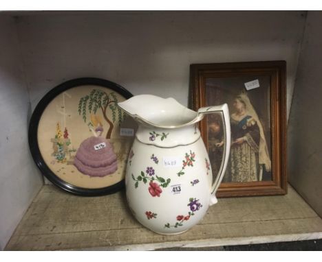 WATER JUG, TAPESTRY PICTURE &amp; A FRAMED PICTURE OF QUEEN VICTORIA