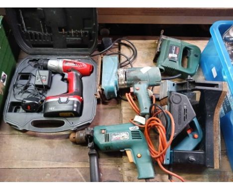 BLACK &amp; DECKER SANDER, ROTARY PLANE, BOSCH JIGSAW, BLACK SPUR POWER  DRILL &amp; A CORDLESS 18v EXTREME DRILL IN BOX