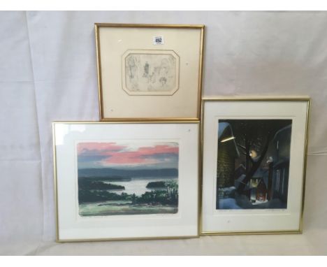 GILT F/G MENU WITH DRAWINGS ON &amp; 2 F/G PRINTS, 1 OF A STREET IN OSLOW &amp; A LITHOGRAPH OF A SUMMER SCENE