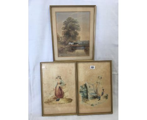 3 GILT F/G WATERCOLOURS, 2 OF A YOUNG LADY &amp; 1 OF HORSES &amp; CART