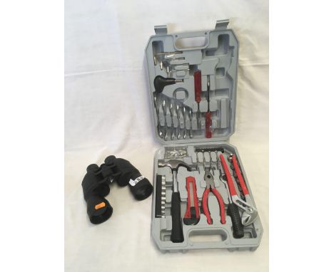 PAIR OF BINOCULARS &amp; A CASED TOOL SET