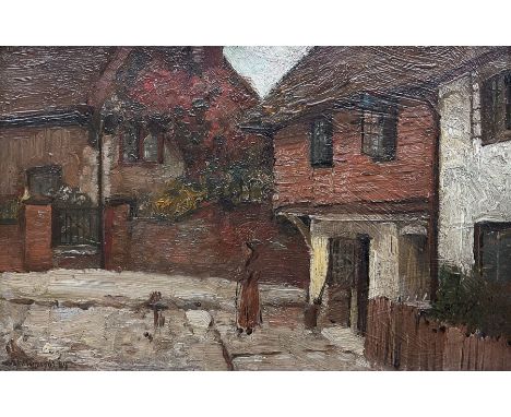 David Muirhead RA (Scottish 1867-1930): 'Mill Mead - Guildford, Surrey', oil on panel signed and dated '89, titled verso 14cm