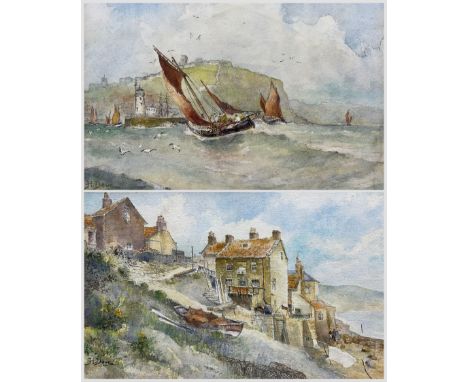 H Dove (British 20th century): 'Scotch Herring Fleet Returning - Scarborough' and 'Robin Hoods Bay', two watercolours signed,