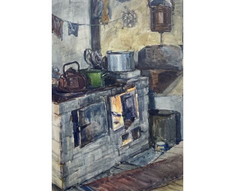 Soviet Impressionist School (Mid-20th century): Interior Scene with Kitchen Aga, watercolour unsigned 57cm x 39cm 