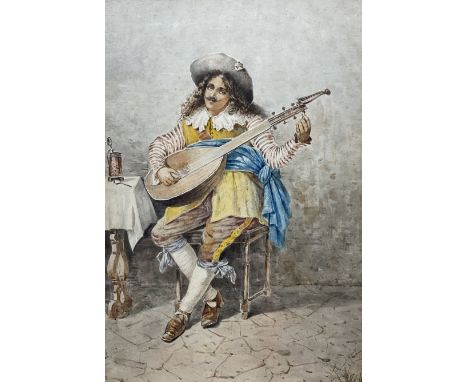 Attrib. Luigi Bianchi (Italian 1827-1914): Gentleman Tuning a Mandolin, watercolour signed and indistinctly dated 39cm x 26.5