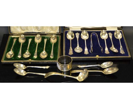 Set of  6 silver teaspoons, silver sauce ladle; Irish George III silver teaspoon; 3 Onslow pattern silver teaspoons, etc.