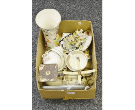 A Royal Doulton Fairfield pattern part tea service; an Arthur Wood vase; kitchen balance scales; etc