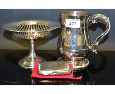 Silver sweetmeat dish; silver cigarette case; silver tankard engraved "Officer's Prize" (3)