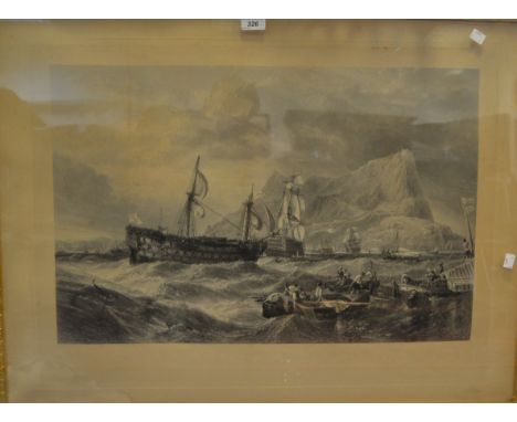 A Victorian framed lithograph, Victory being taken into Gibraltar after Trafalgar signed in pencil to margin