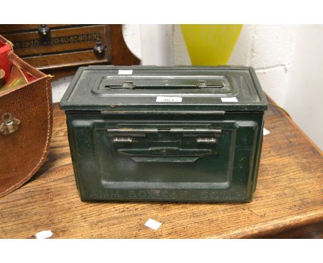 Military Interest - a metal ammunition box, painted green, impressed Belmont U S to side; a sea cadets band HMS Victory (2)
