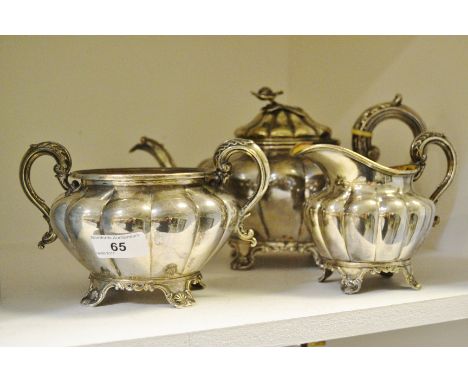 A Victorian Rococo Revival E.P on copper melon shaped tea service, gilt interior, c.1850