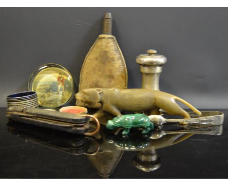 A 19th century hide shot flask; a wax seal impression; a large pocket knife; etc