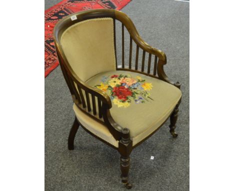 A Victorian mahogany salon side chair, stuffed over tapestry seat, turned legs, c 1870