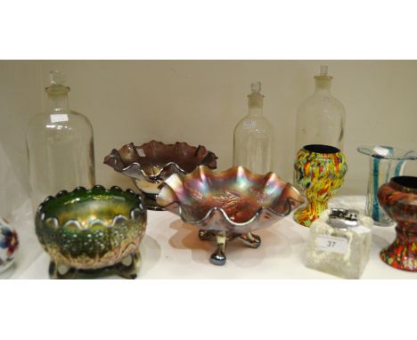 Glassware - a Whitefriars White Ice table lighter; a pair of Monart style vases; carnival glass; pharmaceutical bottles; etc,