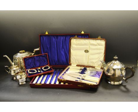 Plated Ware - a set of six EPNS fish knives and forks, cased;  others;   a pair of EPNS salt cellars, spoons ensuite, cased; 