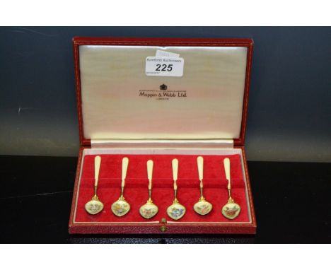 Silver - a set of six silver gilt coffee spoons, decorated in Danish style enamel, Birmingham