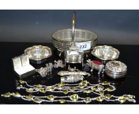 Silver plated dish; silver coloured pin cushion,etc, 2 silver dishes; snuff box; owl whistle; needle case; pill box, etc.