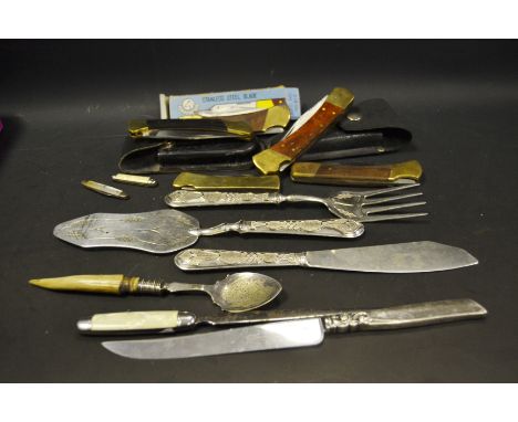 Hunting Interest -  a Jaws 703 hunting knife, faux crocodile case; others including a 'horsehead' knife; 800 grade silver haf