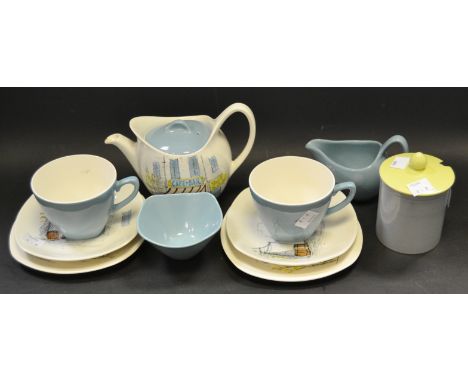A Midwinter Stylecraft Fashion shape tea for two ; a Poole pottery preserve jar 