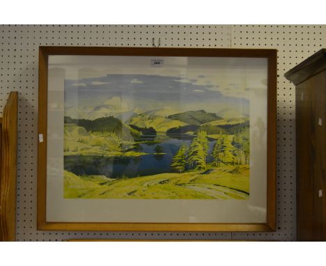 After W Heaton Cooper a framed coloured lithograph print, Tarn Hows in the Lake District, signed in pencil, framed