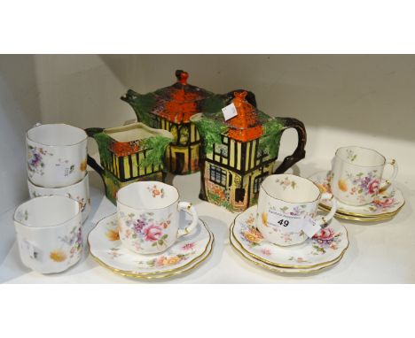 Royal Crown Derby Derby Posies set of 6 teacups and saucers; Ye Olde Inn set of 3 matching creamer, teapot and coffee pot